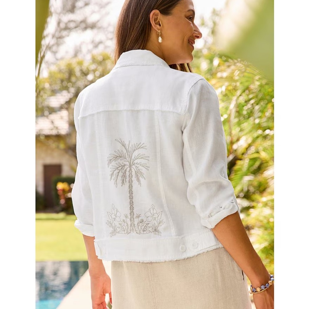 Tommy Bahama White Embroidered Palm Jean Jacket